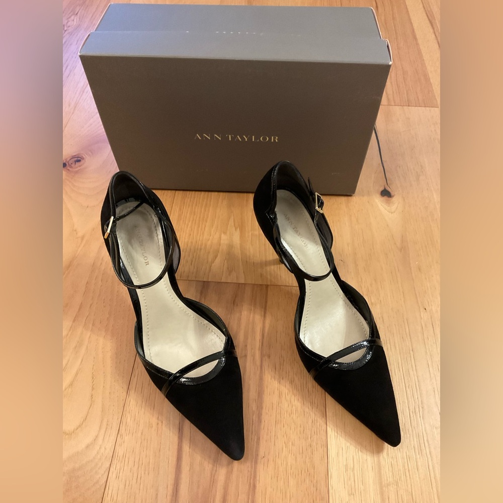 Vintage Ann Taylor Black Pointed Toe Heels, Suede/Patent Leather, Size 8M